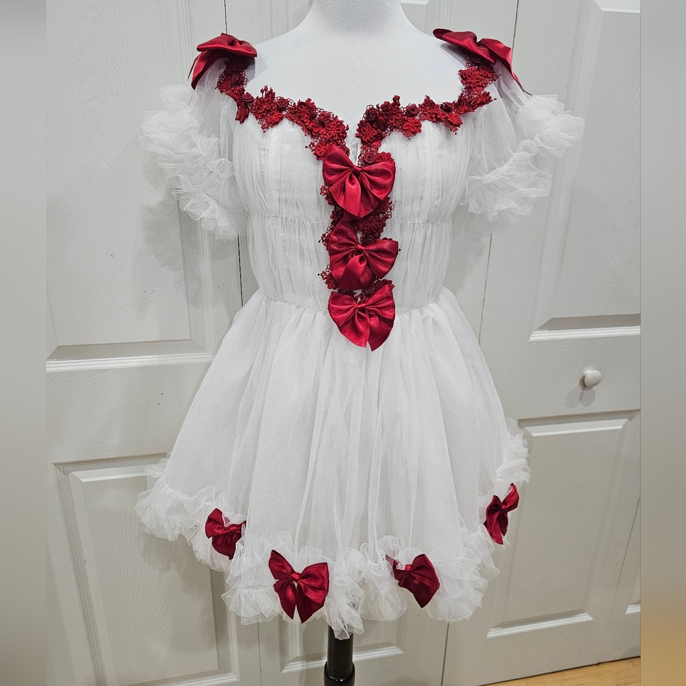 ~SOLD~ Dolls Kill Sugar Thrillz White Tulle Red Bow Winter Rose Mini Dress S - Picture 8 of 8